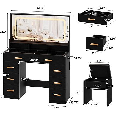 Vanity Desk with Glass Tabletop, 8 Drawers & 3 Storage Shelves