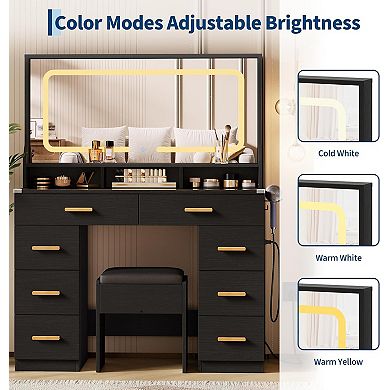 Vanity Desk with Glass Tabletop, 8 Drawers & 3 Storage Shelves