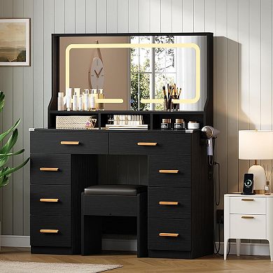 Vanity Desk with Glass Tabletop, 8 Drawers & 3 Storage Shelves