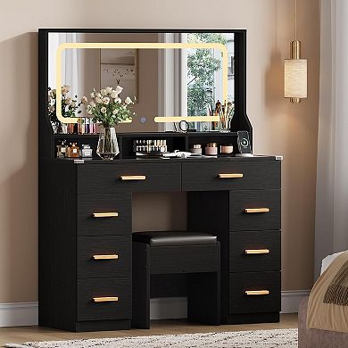 Vanity Desk with Glass Tabletop, 8 Drawers & 3 Storage Shelves