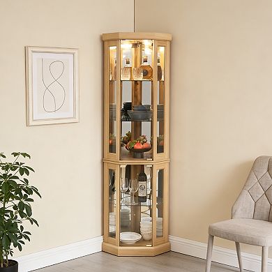 Eazegath Lighted Corner Curio Glass Display Storage Cabinet with 3 Adjustable Shelves and Bulb