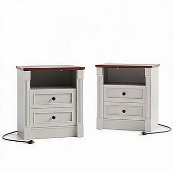 Farmhouse Nightstand with Charging Station & 2 DrawersRoman Column Rustic Bedside Table for Bedroom