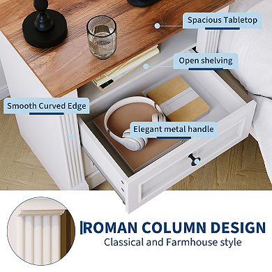 Farmhouse Nightstand with Charging Station & 2 DrawersRoman Column Rustic Bedside Table for Bedroom