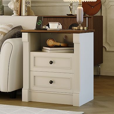 Farmhouse Nightstand with Charging Station & 2 DrawersRoman Column Rustic Bedside Table for Bedroom