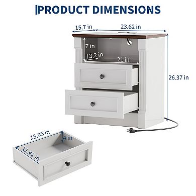 Farmhouse Nightstand with Charging Station & 2 DrawersRoman Column Rustic Bedside Table for Bedroom