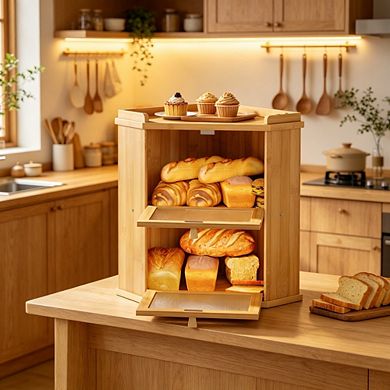 100% Bamboo 2-Tier Corner Bread Box, Multi-Purpose Food Storage Container with Built-in Shelf