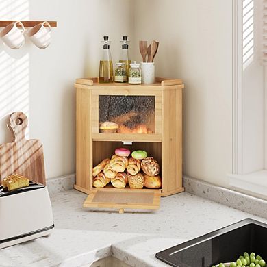 100% Bamboo 2-Tier Corner Bread Box, Multi-Purpose Food Storage Container with Built-in Shelf