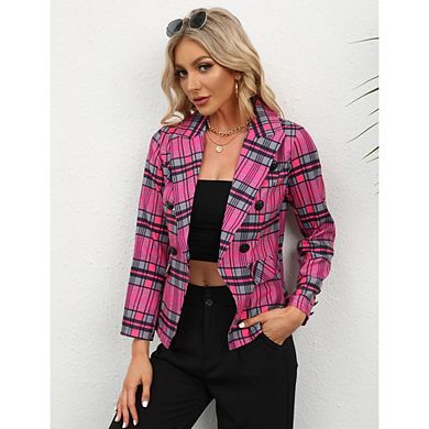 Women's Plaid Double Breasted Blazer Long Sleeve Notched Lapel Casual Coat