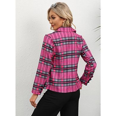Women's Plaid Double Breasted Blazer Long Sleeve Notched Lapel Casual Coat