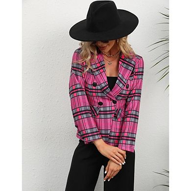 Women's Plaid Double Breasted Blazer Long Sleeve Notched Lapel Casual Coat