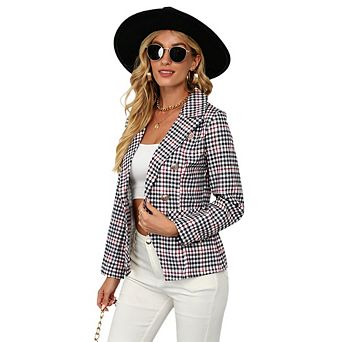 Women's Plaid Double Breasted Blazer Long Sleeve Notched Lapel Casual Coat