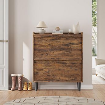 Shoe Cabinet with 2 Flip Drawers, Wooden Shoe Rack Cabinet with Adjustable Shelves
