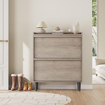 Shoe Cabinet with 2 Flip Drawers, Wooden Shoe Rack Cabinet with Adjustable Shelves