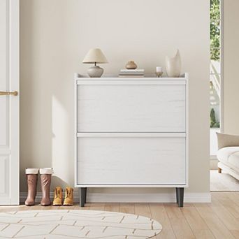 Shoe Cabinet with 2 Flip Drawers, Wooden Shoe Rack Cabinet with Adjustable Shelves