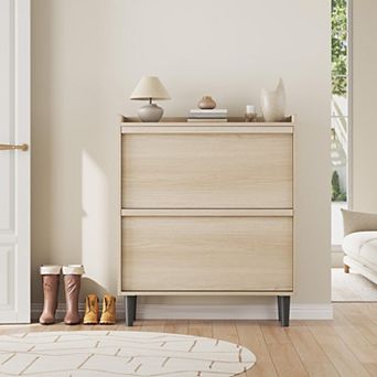 Shoe Cabinet with 2 Flip Drawers, Wooden Shoe Rack Cabinet with Adjustable Shelves