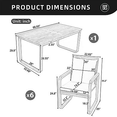 Eazegath 7-Piece Outdoor Wood Rectangular Dining Table Set with 6 Chairs and Cushions