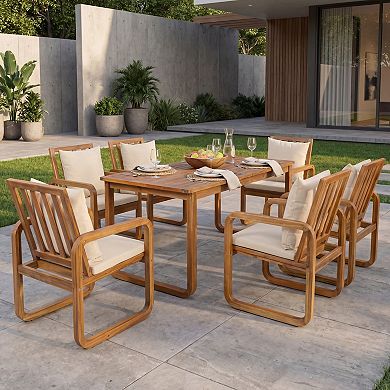 Eazegath 7-Piece Outdoor Wood Rectangular Dining Table Set with 6 Chairs and Cushions