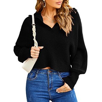 Women Collared V Neck Cropped Knit Sweater Long Sleeve Pullover Casual Ribbed Knit Crop Jumper Tops