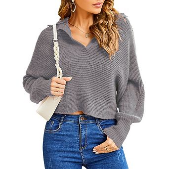 Women Collared V Neck Cropped Knit Sweater Long Sleeve Pullover Casual Ribbed Knit Crop Jumper Tops