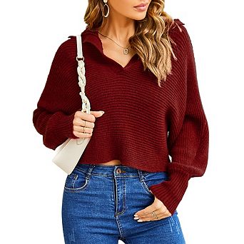 Women Collared V Neck Cropped Knit Sweater Long Sleeve Pullover Casual Ribbed Knit Crop Jumper Tops