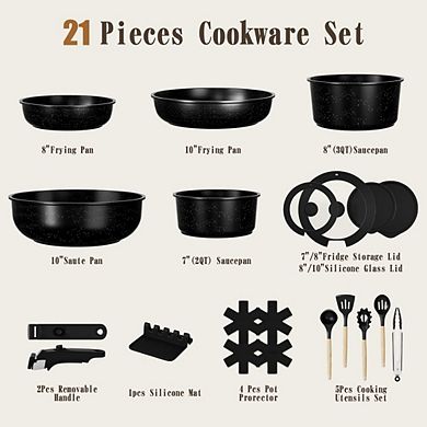 MOEPLSY21-Piece Black Nonstick Cookware Set Detachable HandleNon-Toxic Induction Ready