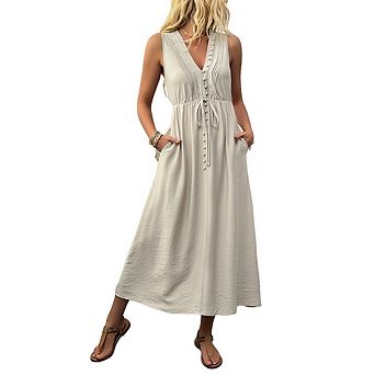 Women's Summer Casual Dresses Sleeveless V Neck Sundress Solid Color Long Dress with Pockets
