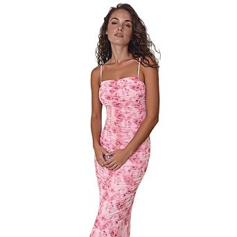 Women's Print Spaghetti Strap Ruched Slim Fitting Cocktail Party Vacation Maxi Dress