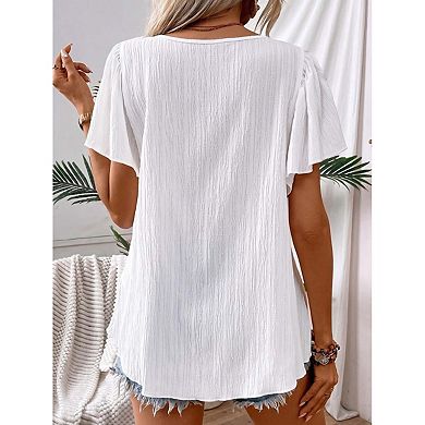 Seoria Womens Short Sleeve Embroidered Blouse Square Neck Boho Casual Top