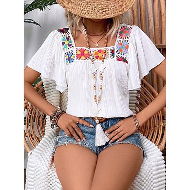 Seoria Womens Short Sleeve Embroidered Blouse Square Neck Boho Casual Top