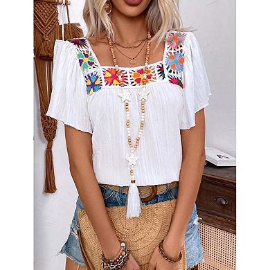 Seoria Womens Short Sleeve Embroidered Blouse Square Neck Boho Casual Top