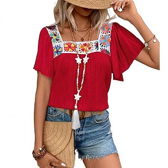 Seoria Womens Short Sleeve Embroidered Blouse Square Neck Boho Casual Top