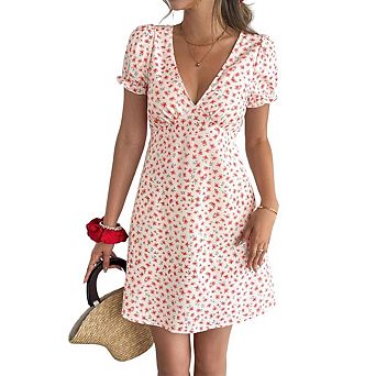 Women's Summer Beach Dresses Floral Print V-Neck Puff Sleeve Boho High Waist Casual Vacation Dress