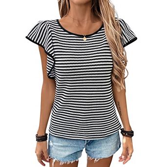 Women's Black White Striped Cap Sleeve Top, Crew Neck Knit Casual Blouse for Summer