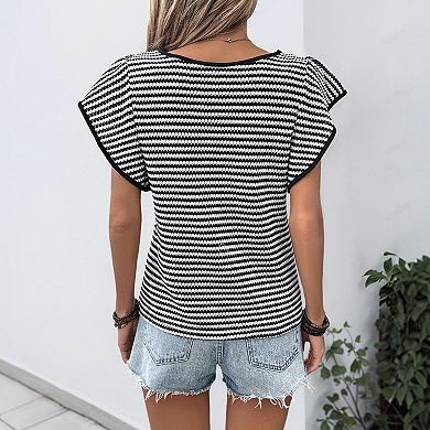 Women's Black White Striped Cap Sleeve Top, Crew Neck Knit Casual Blouse for Summer
