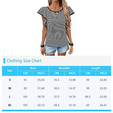 Women's Black White Striped Cap Sleeve Top, Crew Neck Knit Casual Blouse for Summer