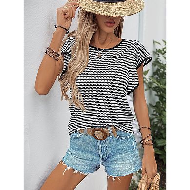 Women's Black White Striped Cap Sleeve Top, Crew Neck Knit Casual Blouse for Summer