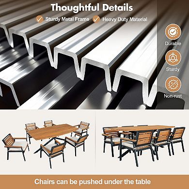 Eazegath 7-Piece Outdoor Wood and Iron Rectangular Dining Table Set with 6 Chairs and Cushions