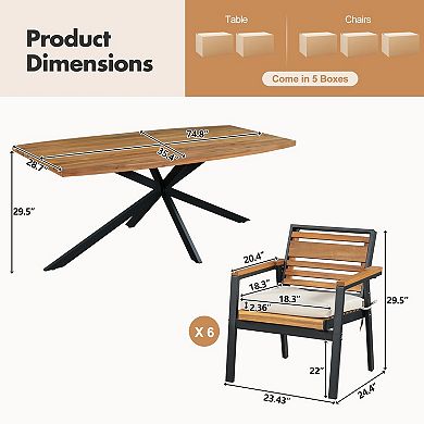 Eazegath 7-Piece Outdoor Wood and Iron Rectangular Dining Table Set with 6 Chairs and Cushions