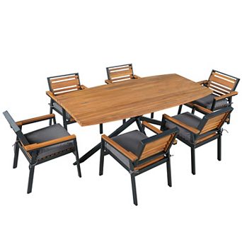 Eazegath 7 pc Outdoor Wood and Iron Rectangular Dining Table Set with 6 Chairs and Cushions