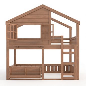 Pnronnc House Shape Bed Cabin-style Bunk Bed Kids Loft Bed with Bookshelf and Safety Fencing