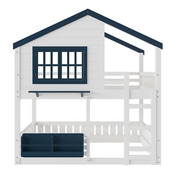 Pnronnc House Shape Bed Cabin-style Bunk Bed Kids Loft Bed with Bookshelf and Safety Fencing