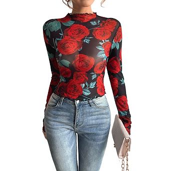 Women's Rose Print Sheer Mock Neck Long Sleeve See Through Shirts
