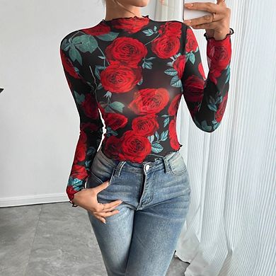 Women's Rose Print Sheer Mock Neck Long Sleeve See Through Shirts