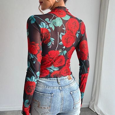 Women's Rose Print Sheer Mock Neck Long Sleeve See Through Shirts