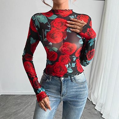 Women's Rose Print Sheer Mock Neck Long Sleeve See Through Shirts