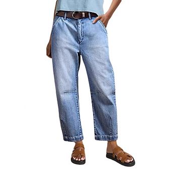 Womens Stretchy Mid Rise Barrel Jeans Vintage Loose Straight Leg Cropped Pants Y2k Baggy Boyfriend