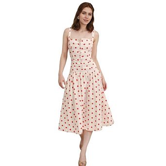 Womens Elegant Polka Dots Casual Dresses Square Neck Sleeveless Midi Dress
