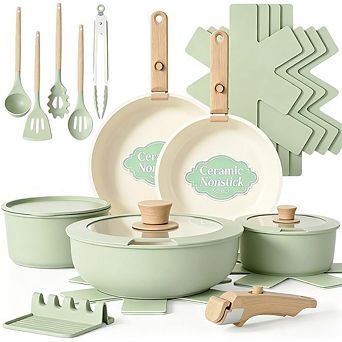 MOEPLSY21 pc Sage Green Ceramic Nonstick Cookware Detachable Handle Induction Oven Safe