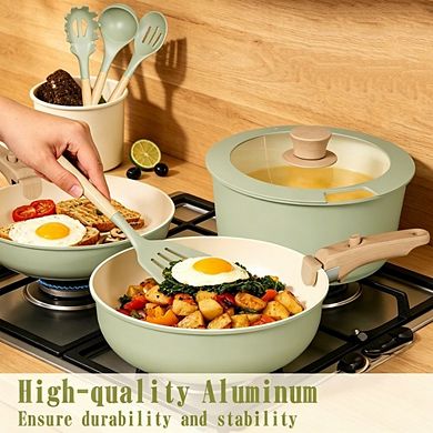 MOEPLSY21-Piece Sage Green Ceramic Nonstick Cookware Detachable Handle Induction Oven Safe