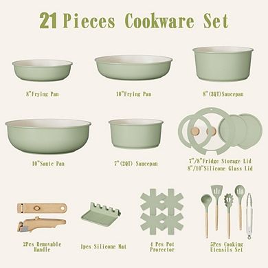 MOEPLSY21-Piece Sage Green Ceramic Nonstick Cookware Detachable Handle Induction Oven Safe